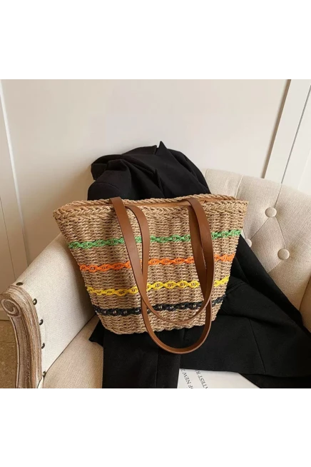 NWC-1017 Şeritli Camel Hasır Çanta