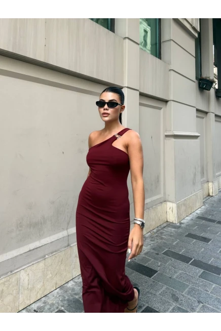Omuz Detay Bordo Maxi Elbise