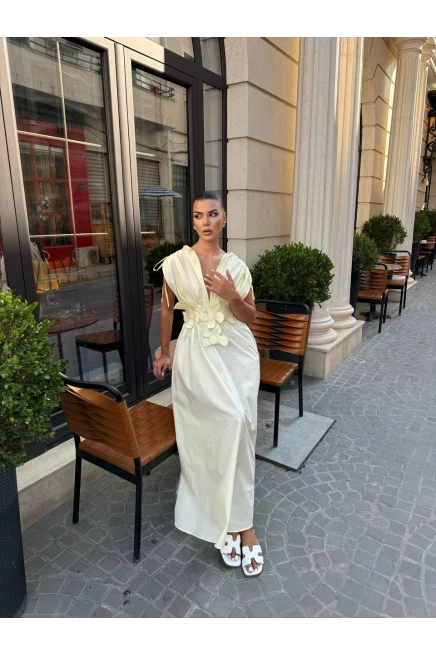 Önü Detaylı Tasarım Elbise Sarı