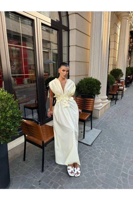 Önü Detaylı Tasarım Elbise Sarı