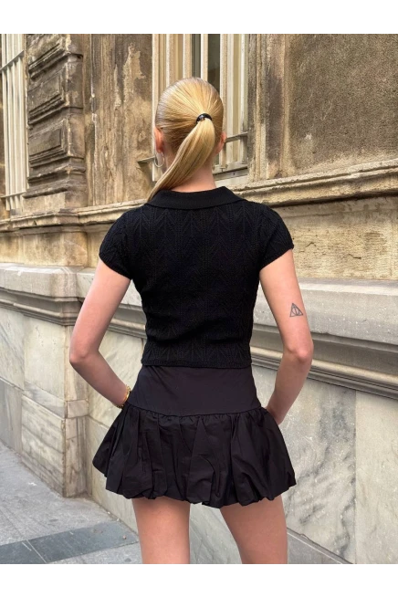 Polo Yaka Düğmeli Crop Bluz Siyah