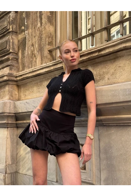 Polo Yaka Düğmeli Crop Bluz Siyah