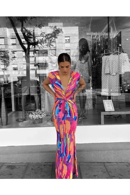 Renkli Skuba Kumaş Tasarım Elbise