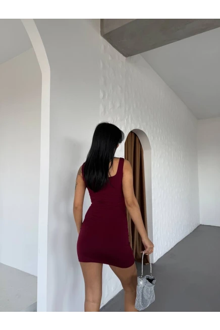 Sandy Büzgülü Elbise Bordo
