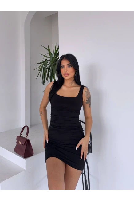Sandy Büzgülü Elbise Siyah