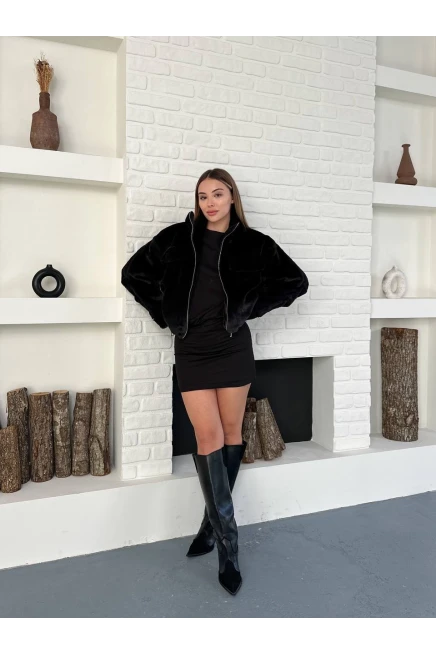 Siyah Peluş Fermuarlı Crop Mont