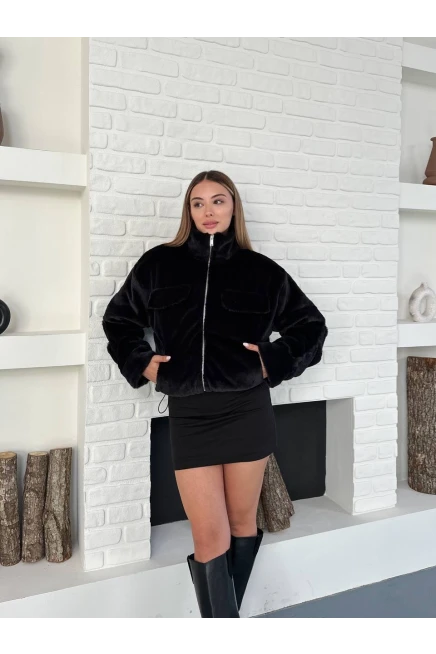 Siyah Peluş Fermuarlı Crop Mont