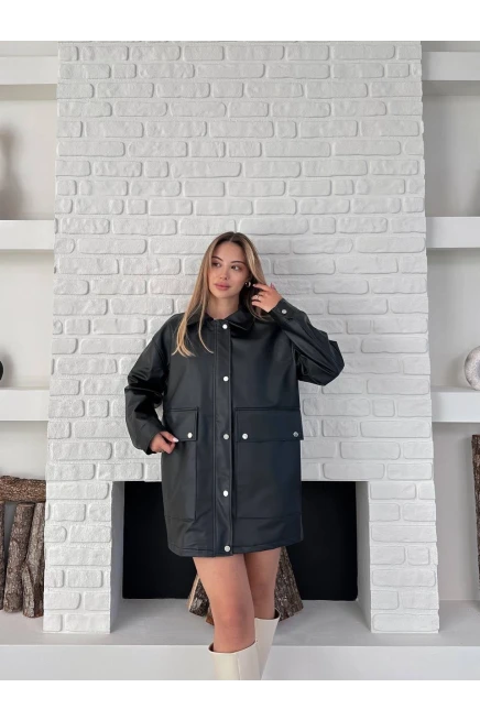 Siyah Rengi Deri Oversize Yağmurluk