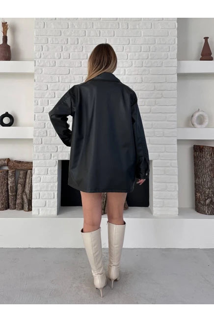 Siyah Rengi Deri Oversize Yağmurluk