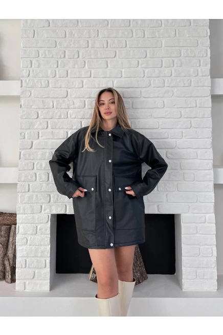 Siyah Rengi Deri Oversize Yağmurluk