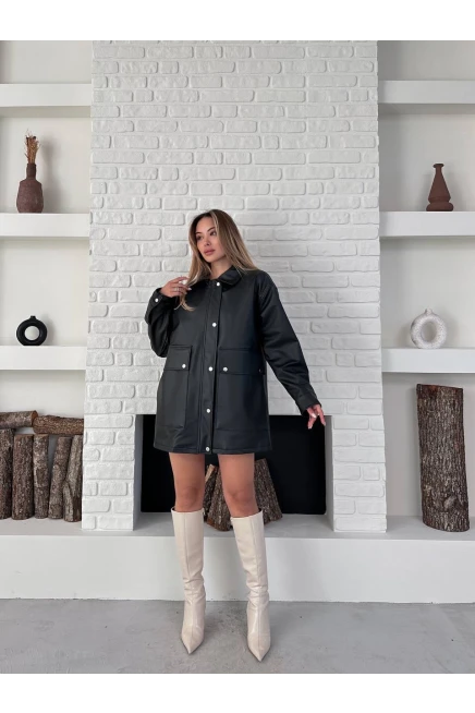 Siyah Rengi Deri Oversize Yağmurluk
