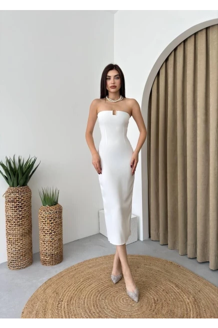 Starplez Gold Detaylı Midi Elbise