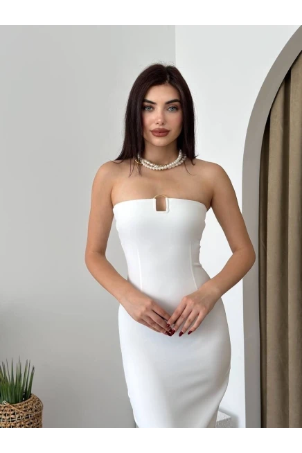 Starplez Gold Detaylı Midi Elbise