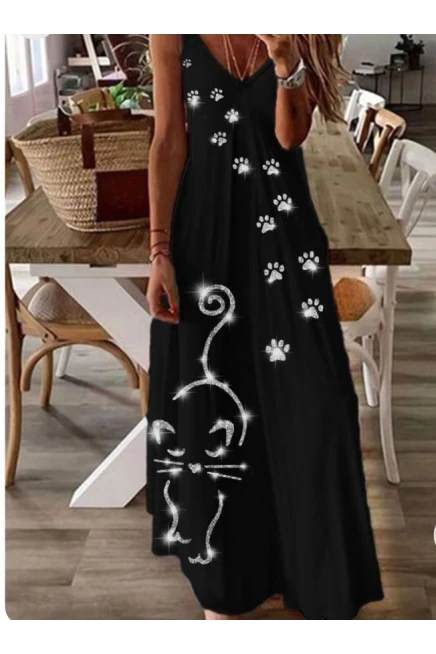 Süprem Kumaş Dijital Baskılı Askılı Elbise Siyah Kedili