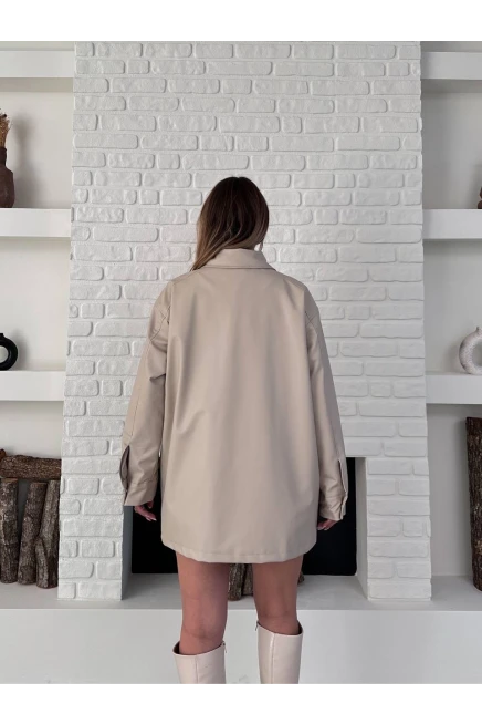 Taş Rengi Deri Oversize Yağmurluk