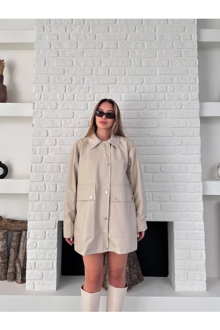 Taş Rengi Deri Oversize Yağmurluk