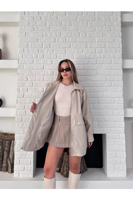 Taş Rengi Deri Oversize Yağmurluk