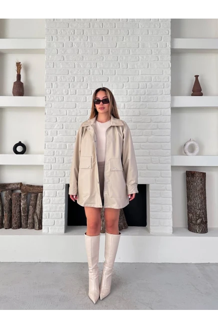 Taş Rengi Deri Oversize Yağmurluk