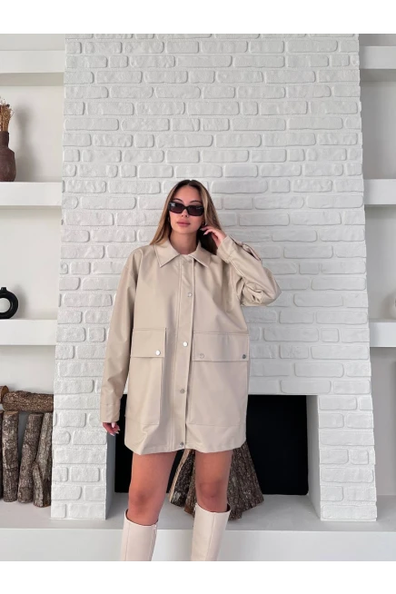 Taş Rengi Deri Oversize Yağmurluk