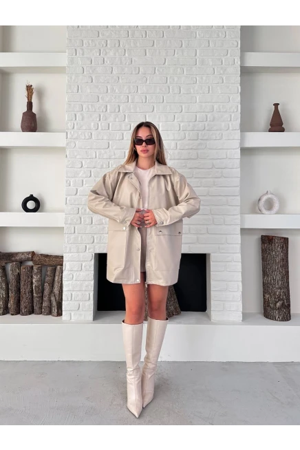 Taş Rengi Deri Oversize Yağmurluk