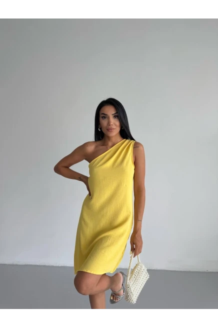 Tek Omuz Ayrobin Kumaş Elbise Sarı