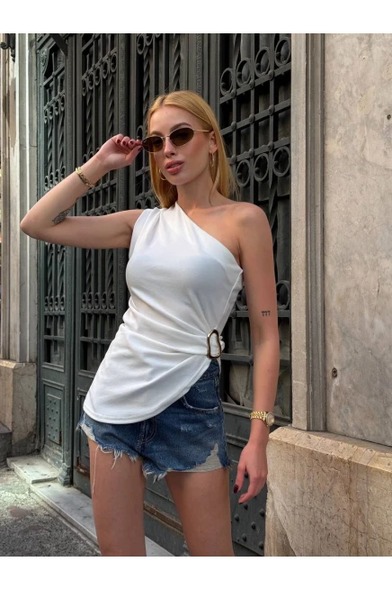 Toka Detay Tek Omuz Bluz Beyaz