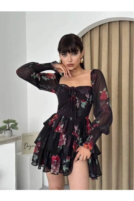 Uzun Kollu Çiçek Desen Şifon Elbise