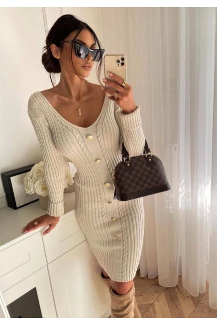 V Yaka Saç Örgü Düğme Detay Ekru Triko Elbise