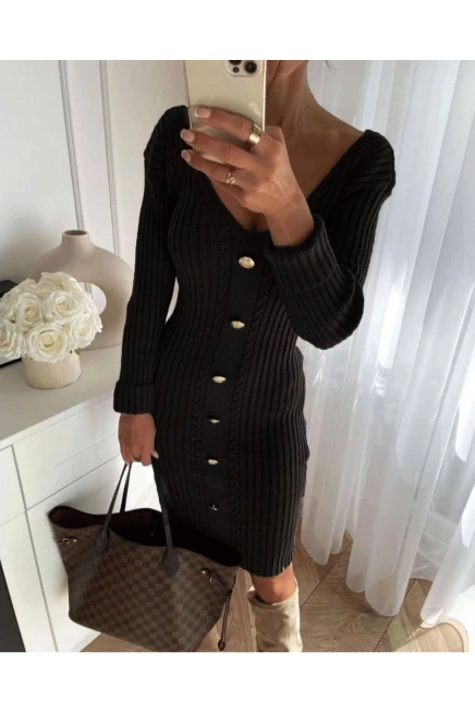 V Yaka Saç Örgü Düğme Detay Siyah Triko Elbise