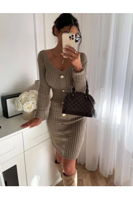 V Yaka Saç Örgü Düğme Detay Vizon Triko Elbise