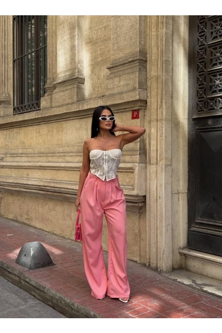 Yan Düğme Detay Salaş Palazzo Pantalon Pembe