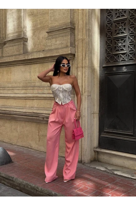 Yan Düğme Detay Salaş Palazzo Pantalon Pembe