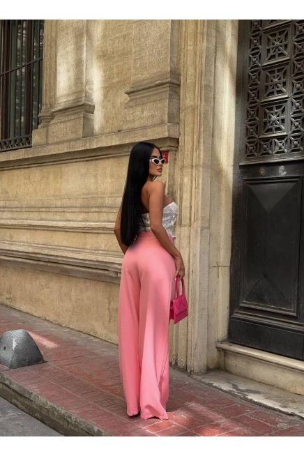 Yan Düğme Detay Salaş Palazzo Pantalon Pembe