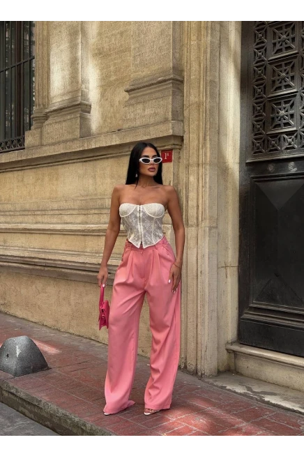 Yan Düğme Detay Salaş Palazzo Pantalon Pembe