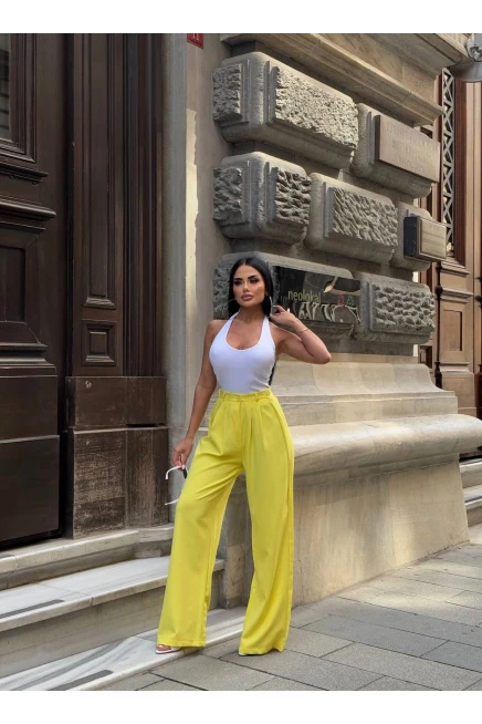 Yan Düğme Detay Salaş Palazzo Pantalon Sarı