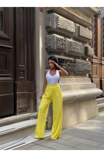 Yan Düğme Detay Salaş Palazzo Pantalon Sarı
