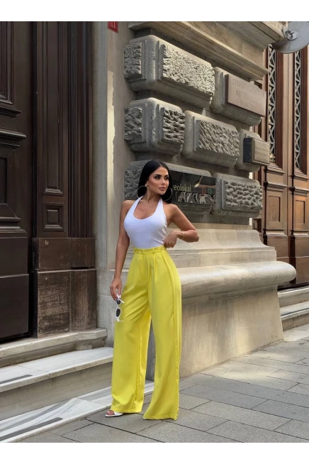 Yan Düğme Detay Salaş Palazzo Pantalon Sarı