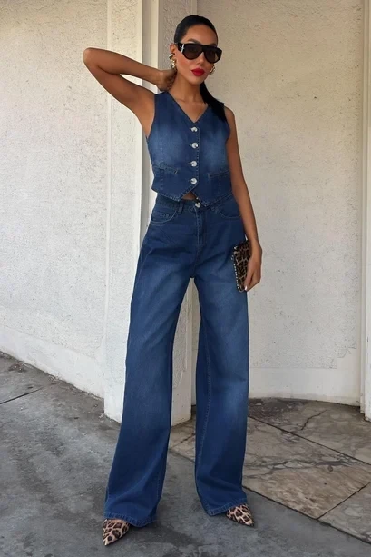 Yelek ve Palazzo Pantolonlu Denim Takım