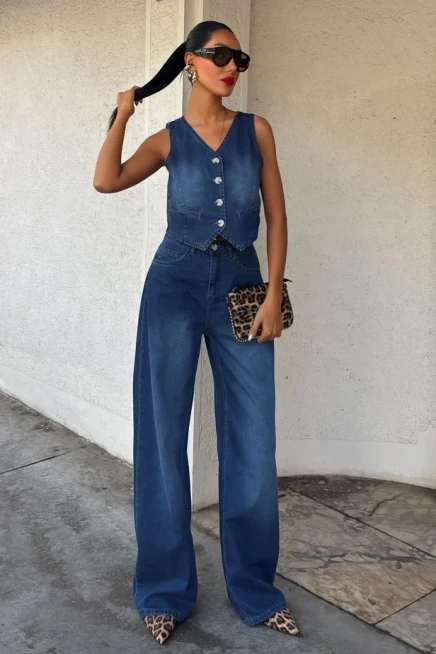 Yelek ve Palazzo Pantolonlu Denim Takım