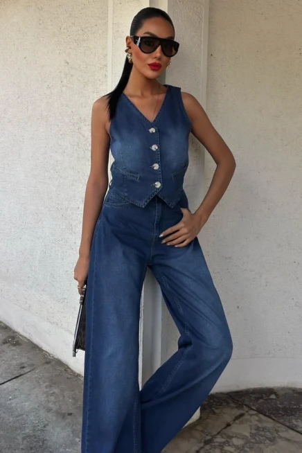 Yelek ve Palazzo Pantolonlu Denim Takım