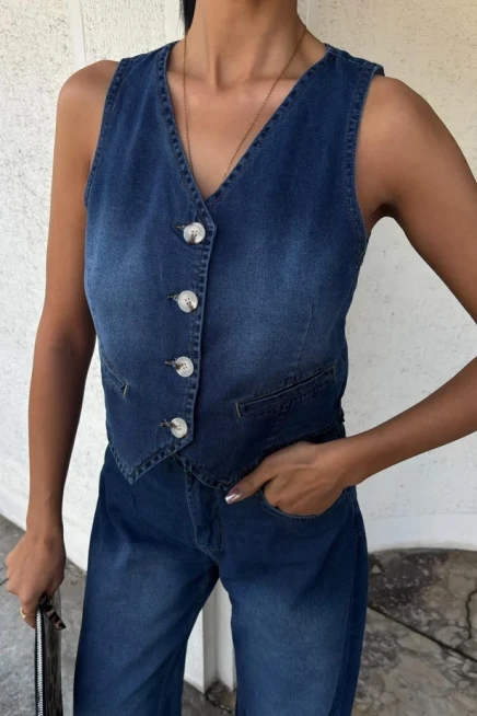 Yelek ve Palazzo Pantolonlu Denim Takım