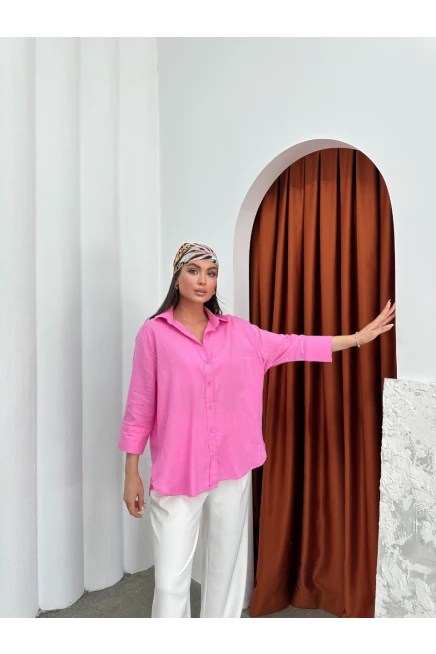 Yıkamalı Pamuk Keten Gömlek Pembe