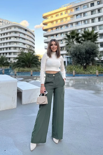Yüksek Bel Cepli Bol Paça Pantalon