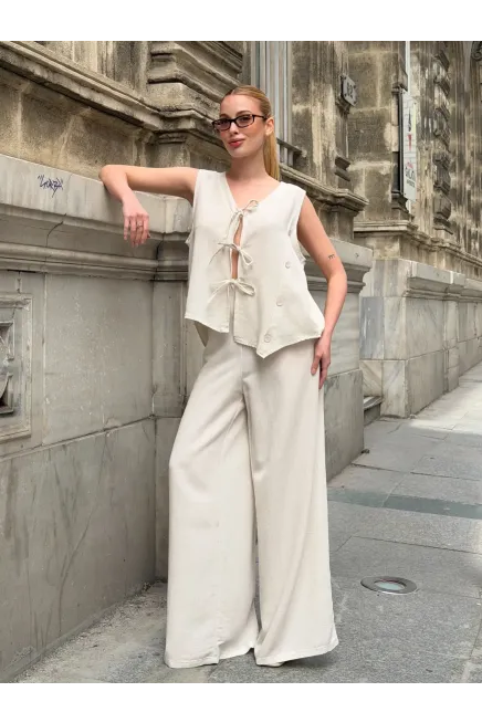 Askılı İp Bağlamalı Yanı Düğme Detaylı Keten Takım