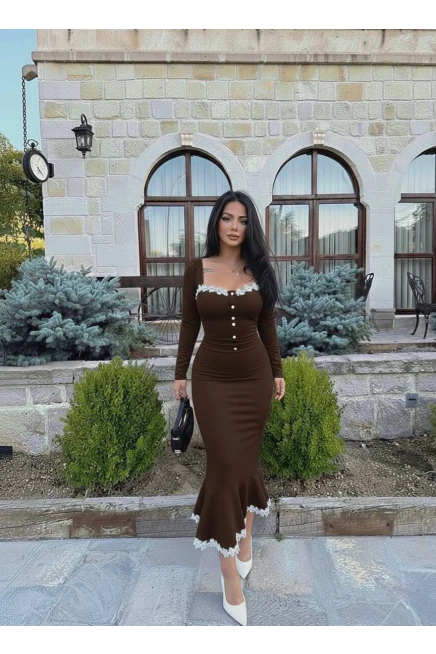 Atlas Kumaş Güpür Dantel Detay Midi Boy Elbise