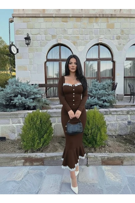 Atlas Kumaş Güpür Dantel Detay Midi Boy Elbise