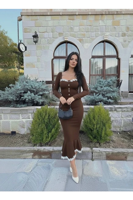 Atlas Kumaş Güpür Dantel Detay Midi Boy Elbise