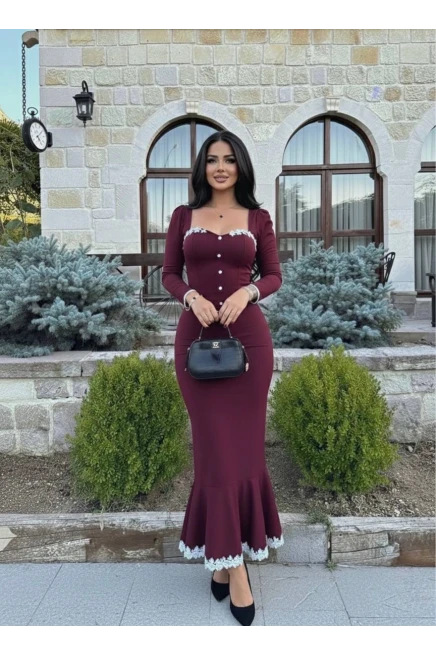 Atlas Kumaş Güpür Dantel Detay Midi Boy Elbise