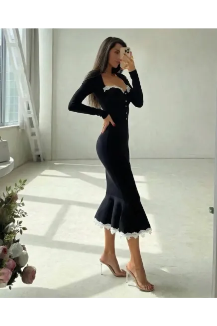 Atlas Kumaş Güpür Dantel Detay Midi Boy Elbise Siyah