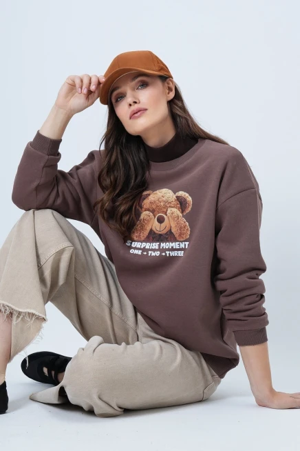 Ayıcık Baskılı Bisiklet Yaka Sweatshirt